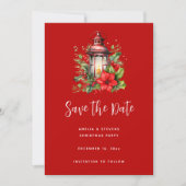 Rote Weihnachtslattern Poinsettia und Kiefer Save The Date (Vorderseite)