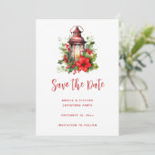 Rote Weihnachtslattern Poinsettia und Kiefer Save The Date (Stehend Vorderseite)