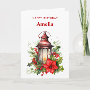 Rote Weihnachtslattern Poinsettia und Pine Birthda Karte