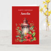 Rote Weihnachtslattern Poinsettia und Pine Birthda Karte (Gelbe Blume)