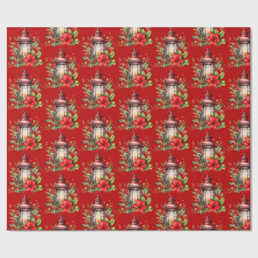 Rote Weihnachtslattern Poinsettia und Pine Pattern Geschenkpapier (Flach)