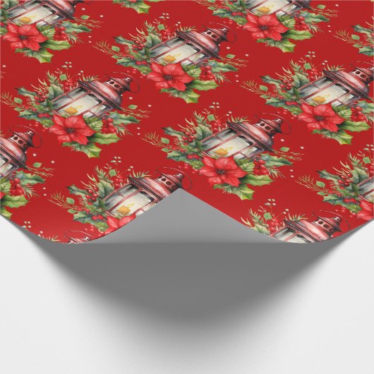 Rote Weihnachtslattern Poinsettia und Pine Pattern Geschenkpapier (Ecke)