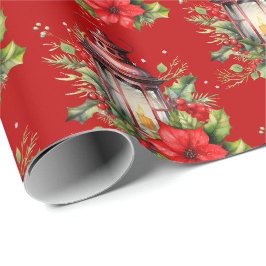 Rote Weihnachtslattern Poinsettia und Pine Pattern Geschenkpapier (Rolleneckpunkt)