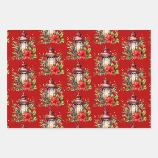Rote Weihnachtslattern Poinsettia und Pine Pattern Geschenkpapier Set (Vorderseite 2)
