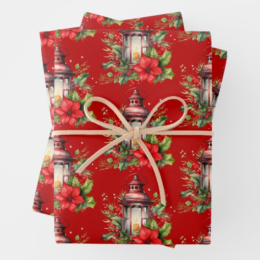 Rote Weihnachtslattern Poinsettia und Pine Pattern Geschenkpapier Set (Beispiel)