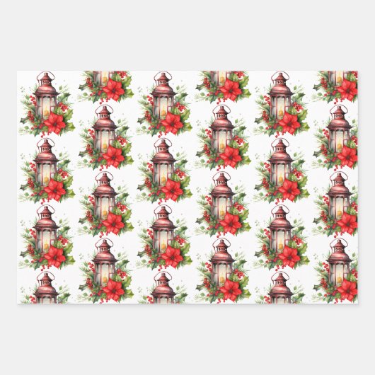 Rote Weihnachtslattern Poinsettia und Pine Pattern Geschenkpapier Set (Vorderseite 2)