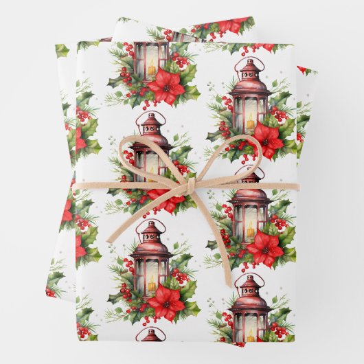 Rote Weihnachtslattern Poinsettia und Pine Pattern Geschenkpapier Set (Beispiel)