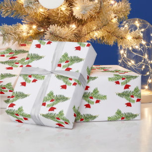 Rote Weihnachtsmann-Hut-Ornamente Tannenäste Weihn Geschenkpapier