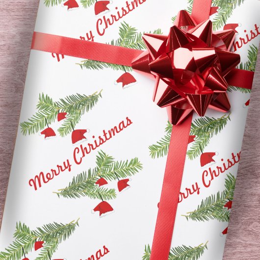 Rote Weihnachtsmannmütze Ornamente an der Kiefernf Geschenkpapier