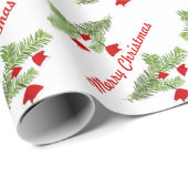Rote Weihnachtsmannmütze Ornamente an der Kiefernf Geschenkpapier (Rolleneckpunkt)
