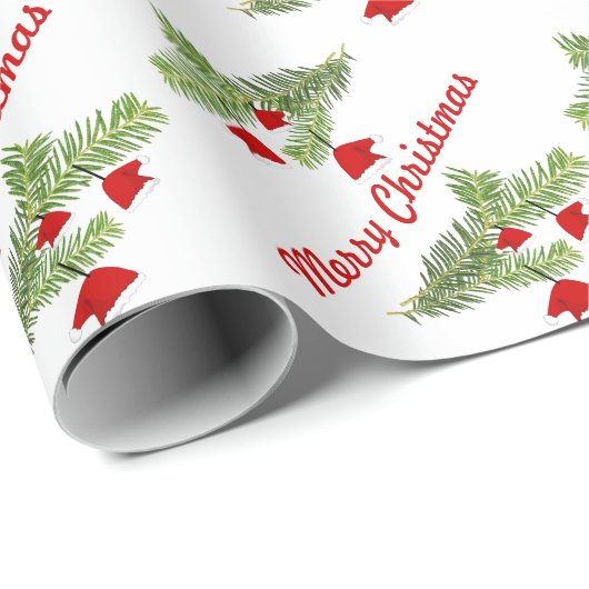 Rote Weihnachtsmannmütze Ornamente an der Kiefernf Geschenkpapier (Rolleneckpunkt)