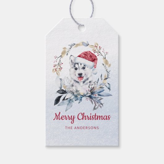 Rote Weihnachtsmannmütze Siberischer Husky Pup Wre Geschenkanhänger (Vorderseite)