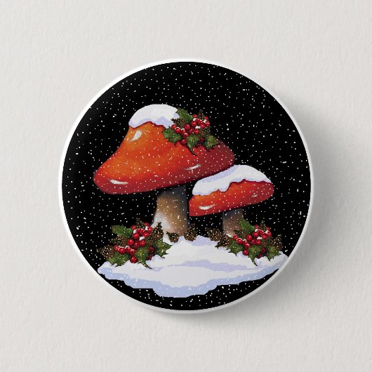 Rote Weihnachtspilze, Schnee, Stechpalme, Kunst Button (Vorderseite)