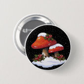 Rote Weihnachtspilze, Schnee, Stechpalme, Kunst Button (Vorne & Hinten)