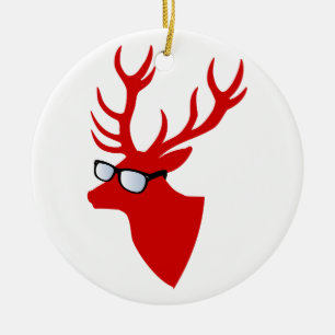 Rote Weihnachtsrotwild mit Nerdgläsern Keramikornament