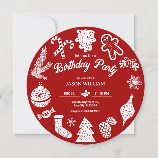 Rote Weihnachtsschmuck Geburtstag Einladung (Vorderseite)