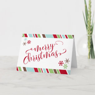Rote Weihnachtsschneeflocken & Diagonale Streifen Feiertagskarte