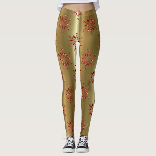 Rote Weihnachtsstars auf Gold Leggings (Vorderseite)