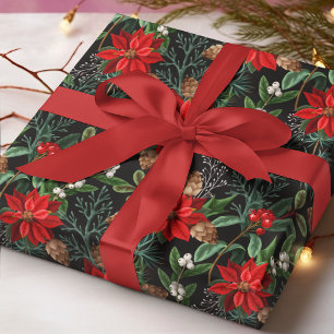 Rote Weihnachtsstern-Mistel-Tannenzapfen-Weihnacht Geschenkpapier