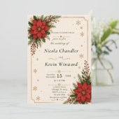 Rote Weihnachtsstern-Winterhochzeit Einladung (Stehend Vorderseite)