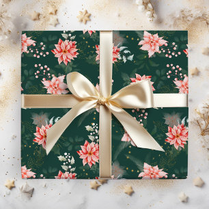 Rote Weihnachtssterne auf dunkelgrünem Hintergrund Geschenkpapier