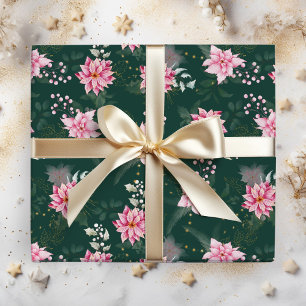 Rote Weihnachtssterne auf dunklem Grün Geschenkpapier