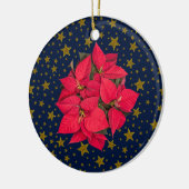 Rote Weihnachtssterne, funkelnd Goldsterne auf bla Keramikornament (Links)