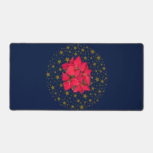 Rote Weihnachtssterne, funkelnd Goldsterne auf bla Schreibtischunterlage (Vorderseite)