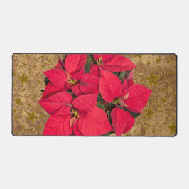 Rote Weihnachtssterne, goldene Sterne auf abstrakt Schreibtischunterlage