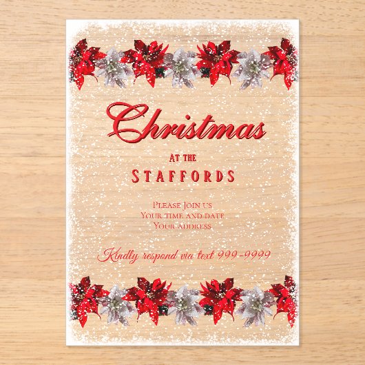 Rote Weihnachtssterne im Schnee Acryl-Einladung Acryleinladungen (Vorderseite)