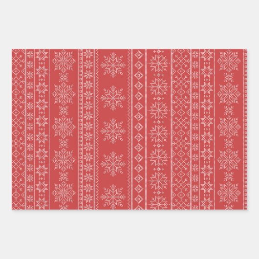 Rote Weihnachtsstickerei Nordic Schneeflocke Kunst Geschenkpapier Set (Vorderseite 2)