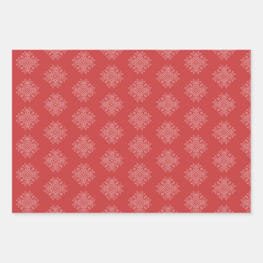 Rote Weihnachtsstickerei Nordic Schneeflocke Kunst Geschenkpapier Set (Vorderseite)