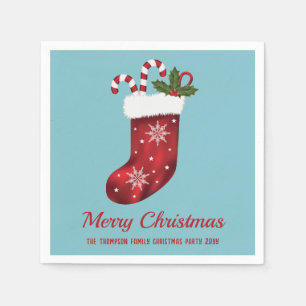 Rote Weihnachtsstrumpf auf Blau mit individuellem  Serviette