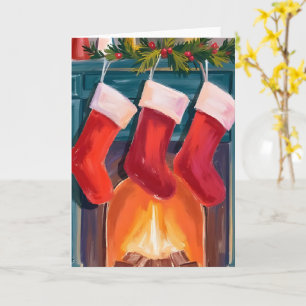 Rote Weihnachtsstrümpfe Kamin Aquarell Karte