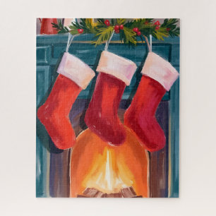 Rote Weihnachtsstrümpfe Kamin Aquarell Puzzle