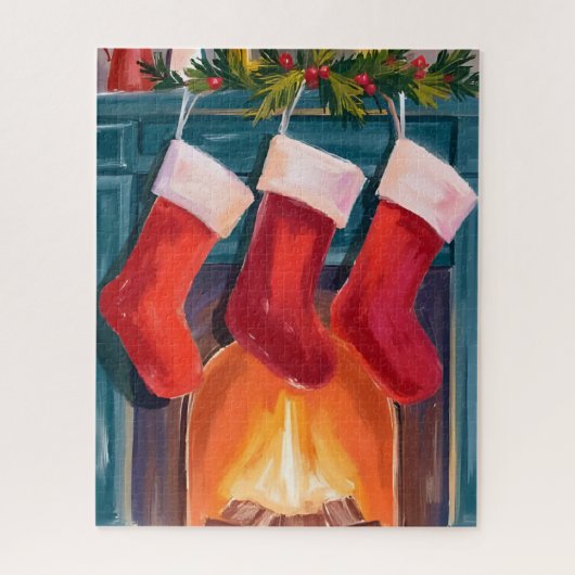 Rote Weihnachtsstrümpfe Kamin Aquarell Puzzle (Vertikal)