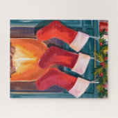 Rote Weihnachtsstrümpfe Kamin Aquarell Puzzle (Horizontal)