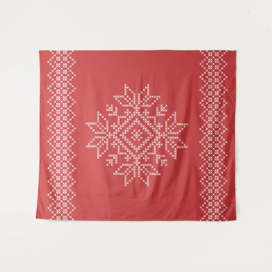 Rote Weihnachtszeit Folklorekunst Schneeflocke Wandteppich (Vorderseite (Horizontal))