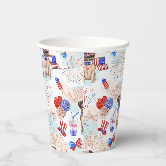 ROTE WEISSE BLAU 4. JULI-GEGENSTÄNDE MIT MOPS HUND PAPPBECHER (Rechts)