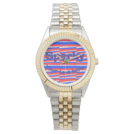 Rote Weiße Blaue Kreise Streifen Armbanduhr