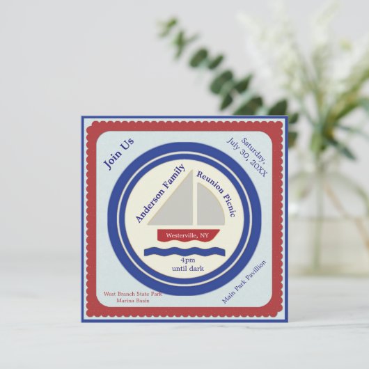 Rote, weiße, blaue neugierige Einladung (Stehend Vorderseite)