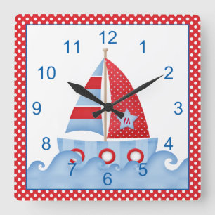 Rote weiße blaue Segelboot-Uhr Quadratische Wanduhr