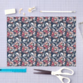 Rote, weiße Blume auf blau. Seidenpapier (Handwerk)