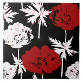 Rote, weiße Blume auf schwarz. Fliese (Vorderseite)
