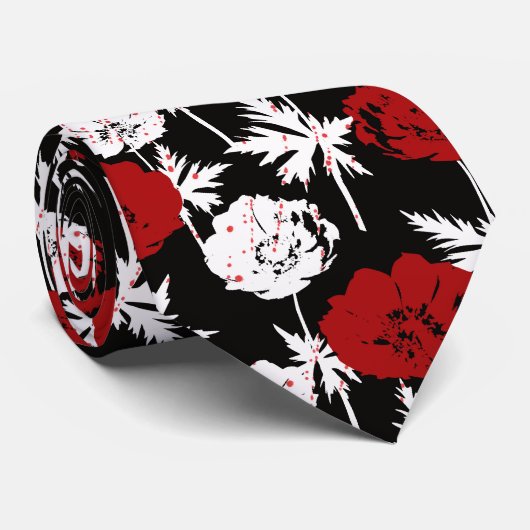 Rote, weiße Blume auf schwarz. Krawatte (Gerollt)