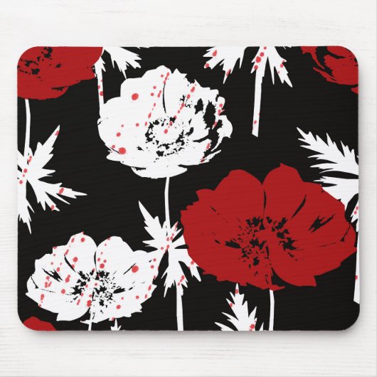 Rote, weiße Blume auf schwarz. Mousepad (Vorne)