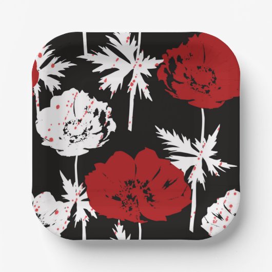 Rote, weiße Blume auf schwarz. Pappteller (Vorderseite)