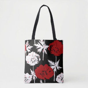 Rote, weiße Blume auf schwarz. Tasche