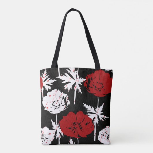 Rote, weiße Blume auf schwarz. Tasche (Rückseite)