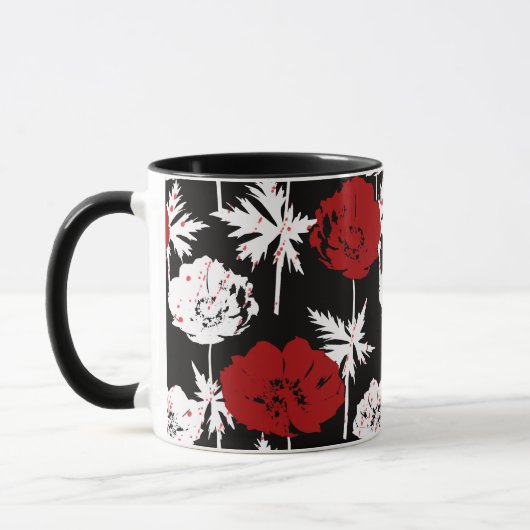 Rote, weiße Blume auf schwarz Tasse (Links)